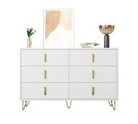 Pangshiyuan Buffet à 6 tiroirs, avec espace de rangement, design moderne avec structure ondulée et poignées dorées, pour salon, chambre à coucher, couloir, blanc/doré, 120 x 40 x 77 cm