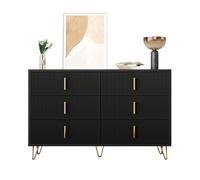 Pangshiyuan Buffet à 6 tiroirs, commode avec espace de rangement et structure ondulée, design moderne avec poignées et pieds dorés, pour salon, chambre à coucher, couloir, noir/doré, 120 x 40 x 77 cm