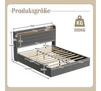 Pangshiyuan Cadre de lit 160 x 200 cm, rembourré en velours, avec port USB et fonction de rangement, 4 tiroirs sous le cadre du lit, gris