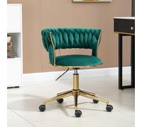 Pangshiyuan Chaise de bureau avec revêtement en velours, dossier tressé à la main, réglable en hauteur, pivotante à 360°, pied en acier inoxydable avec 5 roulettes, chaise pivotante ergonomique