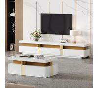 Pangshiyuan Ensemble meuble TV mural blanc aspect marbre - Meuble TV et table basse - Kit de rangement multifonction pour salon - Pour TV jusqu'à 90" - 200 x 40 x 46 cm - 2 portes, 1 tiroir