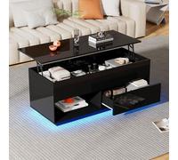 Pangshiyuan Lift-Top Table basse haute brillance avec éclairage LED, multifonctionnelle, avec espace de rangement, noire, 100 x 50 x 55 cm, plateau réglable en hauteur, alimentation USB