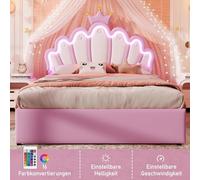 Pangshiyuan Lit capitonné, 140 x 200 cm, avec lumière d'ambiance télécommandée, lit à 2 tiroirs, lit princesse, en forme de couronne, tête de lit réglable, PU, rose, sans matelas