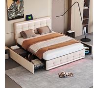 Pangshiyuan Lit capitonné 140 x 200 cm avec tête de lit LED, 4 tiroirs, 2 stations de charge USB, lit plateforme en lin beige, lit double avec espace de rangement