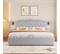Pangshiyuan Lit capitonné, 160 x 200 cm, avec mécanisme de levage hydraulique, tête de lit intégrée, port USB, espace de rangement, lampes de chevet, sans matelas, gris