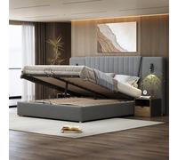 Pangshiyuan Lit capitonné, 180 x 200 cm, avec port de charge USB et lumières LED, dossier extra large, lampes de lecture pivotantes, lit de rangement hydraulique, lit double, tissu velours, gris