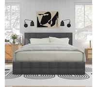 Pangshiyuan Lit capitonné, avec 4 tiroirs et matelas à ressorts, lit double avec sommier à lattes, tête de lit réglable en hauteur, matériau en lin, gris, 140 x 200 cm