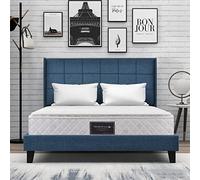 Pangshiyuan Lit double capitonné avec tête de lit rembourrée, sommier à lattes, 140 x 200 cm, bleu en lin, résistance moyenne, avec matelas à ressorts pour adultes et adolescents