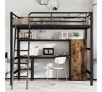Pangshiyuan Lit en fer avec cadre en métal, lit loft avec bureau, porte-vêtements, échelle à 4 étapes, étagères de rangement, noyer noir et foncé, 90 x 200 cm, pour enfants et adolescents