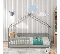 Pangshiyuan Lit maison pour enfant avec cadre en bois massif, clôture et sommier à lattes, barrières de sécurité, pour chambre d'enfant et chambre d'adolescent, gris, 200 x 90 cm