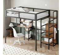 Pangshiyuan Lit mezzanine, 140 x 200 cm, avec échelle de sécurité, cadre en métal, armoire et bureau d'ordinateur, design peu encombrant, noir, 245 x 145 x 180 cm