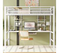Pangshiyuan Lit mezzanine avec cadre en fer, 140 x 200 cm, lit en métal, bureau en forme de L, espace de rangement, étagères pour enfants et adultes, blanc