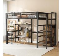 Pangshiyuan Lit mezzanine de 90 cm avec cadre en métal, MDF, sous-table, étagères, armoire encastrée, noir, pour chambre d'enfant, appartement étudiant