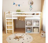 Pangshiyuan Lit mezzanine pour enfant avec 2 armoires de rangement, lit simple multifonctionnel, avec échelle, en bois massif, naturel + blanc, 90 x 200 cm