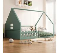 Pangshiyuan Lit mezzanine pour enfant, avec balustrade et échelle, 140 x 200 cm, cadre en métal, design de maison, espace de rangement, sans matelas, vert