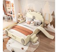 Pangshiyuan Lit pour enfant, 140 x 200 cm, avec toboggan et échelle, motif d'ours, en polyuréthane, design minimaliste, beige, avec sommier à lattes (sans matelas)