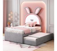 Pangshiyuan Lit pour enfant 90 x 200 cm, rembourré, en velours, avec lit extensible, tiroirs de rangement, lumière LED changeante, canapé-lit, gris