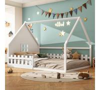 Pangshiyuan Lit pour enfant avec rail de maison, 140 x 200 cm, en bois de pin, balustrade, sans matelas, blanc