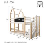 Pangshiyuan Lit superposé, 90 x 200 cm, design cabane dans les arbres, avec tableau, protection anti-chute, espace de rangement, 2 sommiers à lattes, 121 cm de haut, blanc et naturel