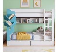 Pangshiyuan Lit superposé avec cadre en bois massif, étagère en forme d'arbre, rangement de tiroir, échelle avec rails de sécurité, blanc et bleu, 90 x 200 cm, solution de rangement pour chambre