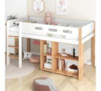 Pangshiyuan Lit superposé avec espace de rangement et armoire mobile, lit mezzanine avec escalier à trois niveaux, cadre en bois massif, anti-chute, pin + MDF, blanc + naturel, 90 x 200 cm