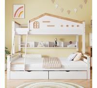 Pangshiyuan Lit superposé avec grille de protection anti-chute, lit enfant avec fenêtre, deux tiroirs, étagère ouverte, patins inclinés à quatre niveaux, pin + MDF, blanc + naturel, 90 x 200 cm et 140