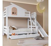 Pangshiyuan Lit superposé avec toboggan et espace de rangement, lit mezzanine pour enfants et parents, escalier basculant, design de fenêtre, cadre en bois massif, blanc + naturel, 90 x 200 cm et 120