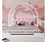 Pangshiyuan Lit superposé, extensible, avec escalier et lit coulissant, design réglable, toit bombé, coussin en velours, cadre en bois de pin, blanc + rose, 140 x 100 cm et 140 x 200 cm