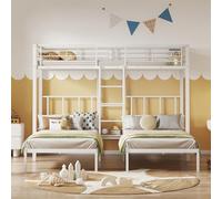 Pangshiyuan Lit superposé triple avec échelle et table, cadre en métal, lit d'enfant avec barrière de protection anti-chute, 90 x 200 cm, blanc