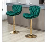 Pangshiyuan Lot de 2 tabourets de bar avec revêtement en velours - Réglable en hauteur - Pivotant à 360° - Siège en forme de coquillage - Avec repose-pieds - Pour comptoir, bar, île - Vert émeraude