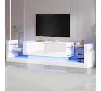 Pangshiyuan Meuble TV brillant avec éclairage LED pour téléviseur jusqu'à 80" avec façade en verre et 2 tiroirs pliables, blanc, 181 x 38 x 38 cm