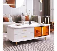 Pangshiyuan Table basse en verre trempé et tiroirs à structure ondulée avec bandes lumineuses LED, design blanc avec poignées et pieds dorés, 100 x 50 x 40 cm, meuble de salon