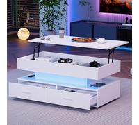 Pangshiyuan Table basse hydraulique réglable en hauteur avec éclairage LED, 100 x 50 x 44 cm, avec 2 tiroirs et commande Bluetooth, table blanche avec espace de rangement et commande musicale