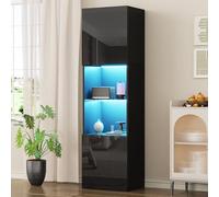 Pangshiyuan Vitrine haute LED noire brillante, 45 x 35 x 160 cm, armoire de rangement avec fond en verre et éclairage 16 couleurs, vitrine de salon avec porte, espace de rangement et télécommande