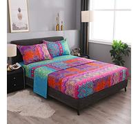 Pangzi Parure de lit bohème rétro, 1 Drap-Housse, 1 Plat, 2 taies d'oreiller - 4 pièces (Grand lit, Rouge)