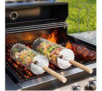 Panier à Barbecue-Accessoire Barbecue-2 Pcs Roulant Poignée Détachable Inox 304-Ustensiles Grill de Cuisine Exterieur Camping