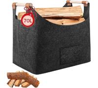 Panier à Bûches en Feutre - 70L - Gris Foncé - Pliable avec Poignées Bois - Rangement Cheminée et Jouets - 55x32x40 cm UMD MUSICAL