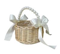 Panier à fleurs en osier - 20 cm de large, fait à la main, en rotin, élégant avec poignée perlée, paniers de rangement faits à la main, porte-fleurs de fée de mariage pour cérémonie de mariée