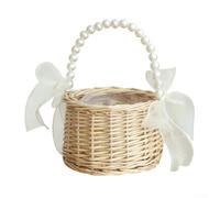 Panier à fleurs tissé en herbe naturelle, avec poignée et ruban, pour décoration de mariage et décoration d'intérieur (B)