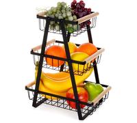 Panier à fruits 3 Étages - Vilde - Métal noir mat - Poignées en bois - Style industriel