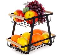 Panier à fruits - Vilde - 2 Étages - Métal noir - Design industriel - Poignées en bois