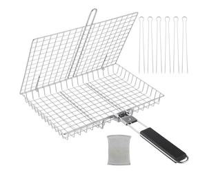 Panier à grillades avec 6 brochettes BBQ, Pinceau Silicone, Tampon de Nettoyage, poignée Bois Pliable, Cage de Cuisson pour Poisson, Viande, légumes, Fruits de mer, 18,3 x 12,6 x 1,6 in