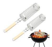 Panier à griller Rolling, paniers de grill enroulables de nidification - Panier de barbecue d'extérieur | Ensemble de 2 outils de gril en acier inoxydable avec poignée en bois pour pommes de terre f