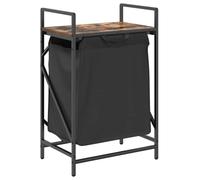 Panier à linge 1 compartiment noir 50 x 33 x 77 cm | Bois multicouche chêne fumé, cadre en acier, sac 100 % polyester, étagère supérieure, fixation murale incluse