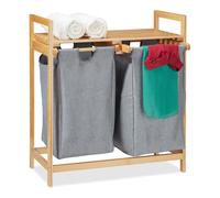 Relaxdays Panier à linge avec rangement, 2 compartiments, 2x 30 l sacs, bambou, amovibles, 73 x 64 x 33 cm, nature/gris
