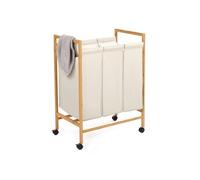 IDMarket - Panier à linge Rita - 3 compartiments, bambou, tissu écru, roulettes