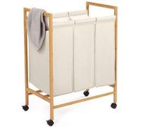 IDMarket - Panier à linge Rita - 3 compartiments, bambou, tissu écru, roulettes