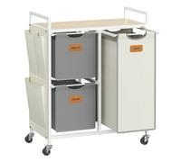 Panier à Linge, 3 Compartiments, Corbeille 100 L, Bac, Roulettes, Chariot avec Étagères, Sac, Poches Latérales, 6 Étiquettes, Beige Naturel, Gris Tourterelle et Blanc Crème À propos de cet article[SPA