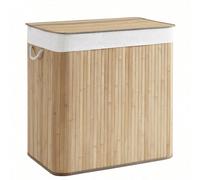 Panier à Linge 3 Compartiments, Corbeille 150L, Bac de Tri, avec Poignées, Couvercle avec Scratchs, Pliable, Linge, Ménage, Buanderie, Couleur Boisée [Avec couvercle et larges lattes en bambou] Le pan