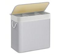 Panier à Linge 3 Compartiments, Corbeille 150L, Bac de Tri, avec Poignées, Couvercle avec Scratchs, Pliable, Linge, Ménage, Buanderie, Gris [Avec couvercle et larges lattes en bambou] Le panier à ling